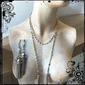 Vintage Brighton Silver Plate Pearl And Heart Tassel Necklace